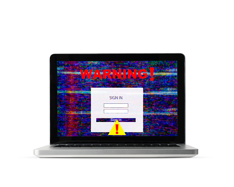Warning sign on Laptop caused by cyber attack, isolated on white.
Information security concepts.
Scam and phishing concepts.