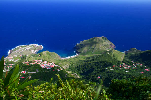 Aerial view of the airport of Saba from the Mount Scenery volcano, Saba, the Netherlands Antilles. stock photo