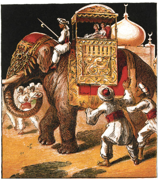 ilustrações de stock, clip art, desenhos animados e ícones de chromolithograph of two victorian british girls riding an elephant in a howdah - 1866