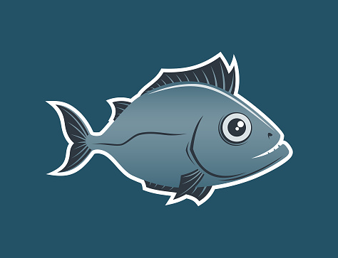 Cartoon blue fish with teeth and sharp fins - stylized vector illustration with outline for dark background