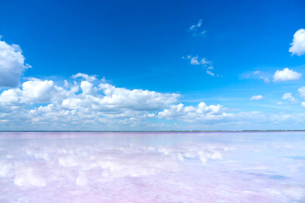 istock Bursol pink lake. Clouds are reflected in light pink water. Background for screen saver, wallpaper, postcard. 1424146614