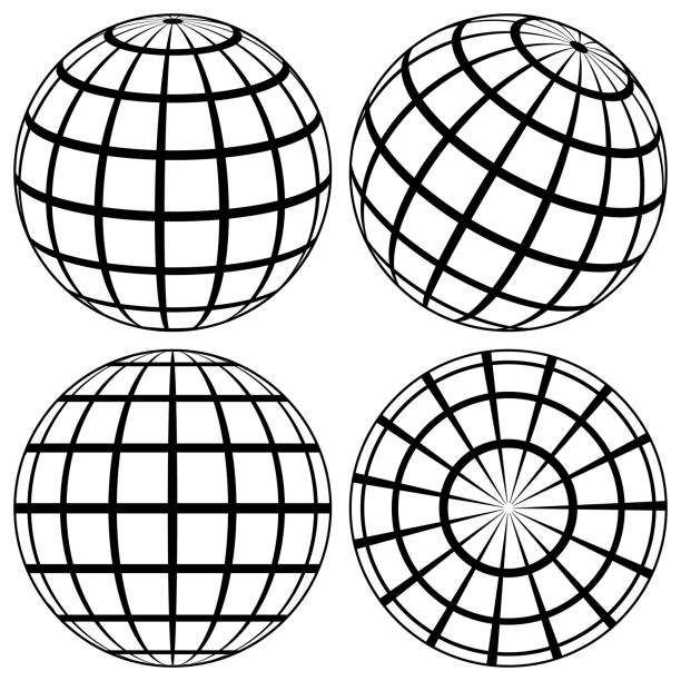 глобус линия сферы земля, проволока глобальная сетка, 3d шар планета - connection in a row striped globe stock illustrations