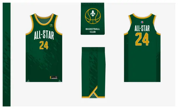 Vector illustration of Basketball uniform mockup template design for basketball club. Basketball jersey, basketball shorts in front and back view. Basketball logo design.