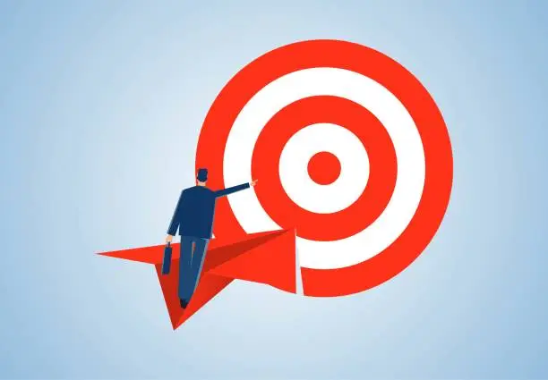 Vector illustration of Businessman standing on paper plane and flying towards bullseye, business goal or task, reach goal to achieve success, win business competition