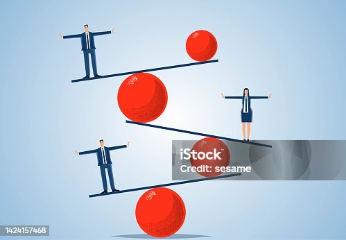 istock Iron balls of different sizes and weights keep a consistent balance of businessman standing on a superimposed seesaw, balance concept, business balance concept 1424157468