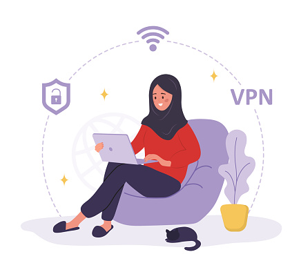 VPN service. Muslim woman using private network for protect personal data. Protection of DNS and IP addresses. Database security software. Vector illustration in flat cartoon style.