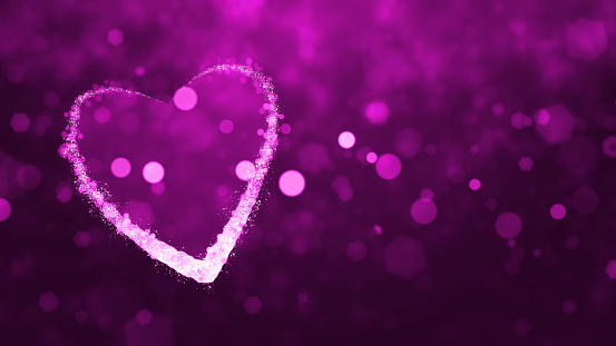 Horizontal illustration of a bright purple coloured textured backgrounds with one big heart. The backdrop is glittering empty and blank with no text and no people and copy space. Can be used as Valentine Day, Xmas backgrounds, wallpaper, greeting card, gift wrapping paper sheet templates and backdrops.