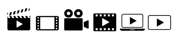 ilustraciones, imágenes clip art, dibujos animados e iconos de stock de iconos planos del botón cinema play - videocall