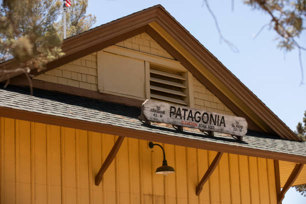 Patagonia, Arizona, USA - May 30, 2022: Afternoon sunlight shines on the historic two story Patagonia train station.