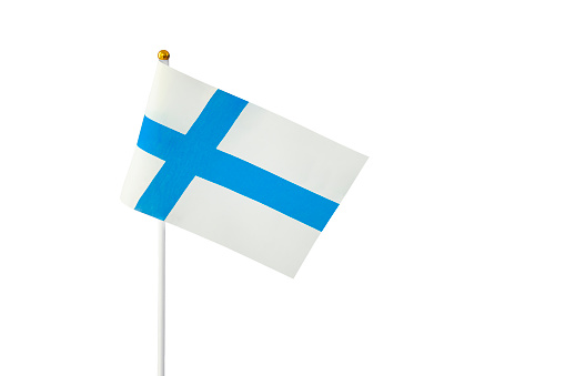 Finland flag waving on white background, close up, isolated