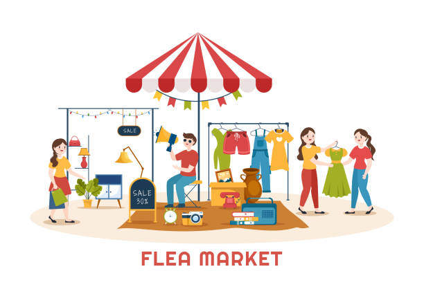 ilustrações de stock, clip art, desenhos animados e ícones de flea market template hand drawn cartoon flat illustration second hand shop with shoppers, swap meet, sellers and customers at weekend - swap meets