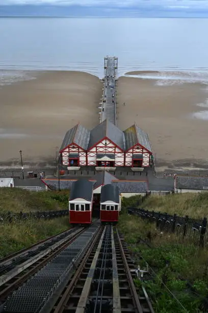 aerial view of Saltburn by the Sea, Victorian cliff tramway North Yorkshire. oldest cliff tramway in the UK