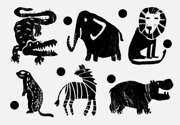 Vector illustration of Set of abstract wild animals. Jungle, Forest bird. Crocodile, elephant, lion, gopher, zebra, hippo. Set of contemporary asian art print templates. Ink animals vector illustration.