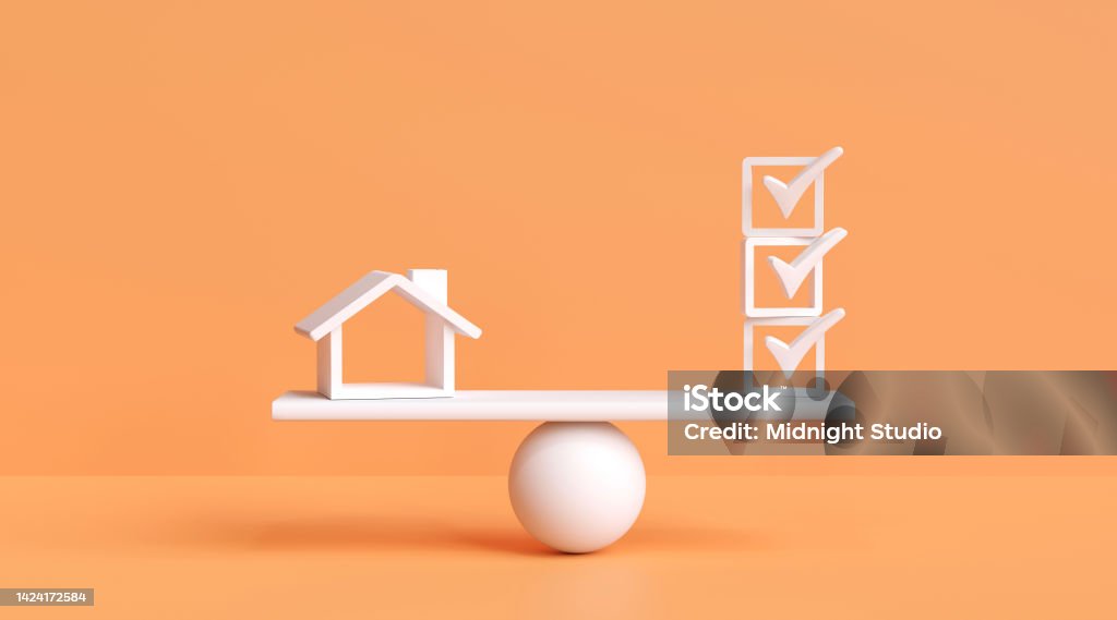 Home vs check mark on scales. Home certification standards, inspections, approvals, home inspection security, checklists. Home vs check mark on scales. Home certification standards, inspections, approvals, home inspection security, checklists. 3D rendering illustration House Stock Photo
