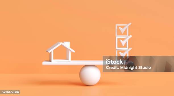Home Vs Check Mark On Scales Home Certification Standards Inspections Approvals Home Inspection Security Checklists Stock Photo - Download Image Now
