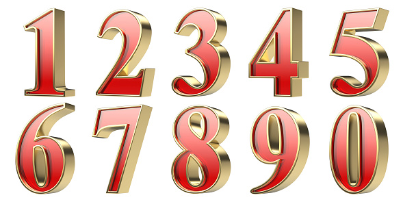 Set of 3D numbers with red glass and golden frame, isolated on white background