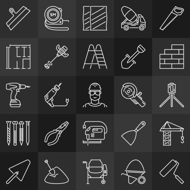 Construction minimal outline icons. Vector Building signs Construction minimal outline icons. Vector collection of Building or Builder linear symbols on dark background electric plug dark stock illustrations