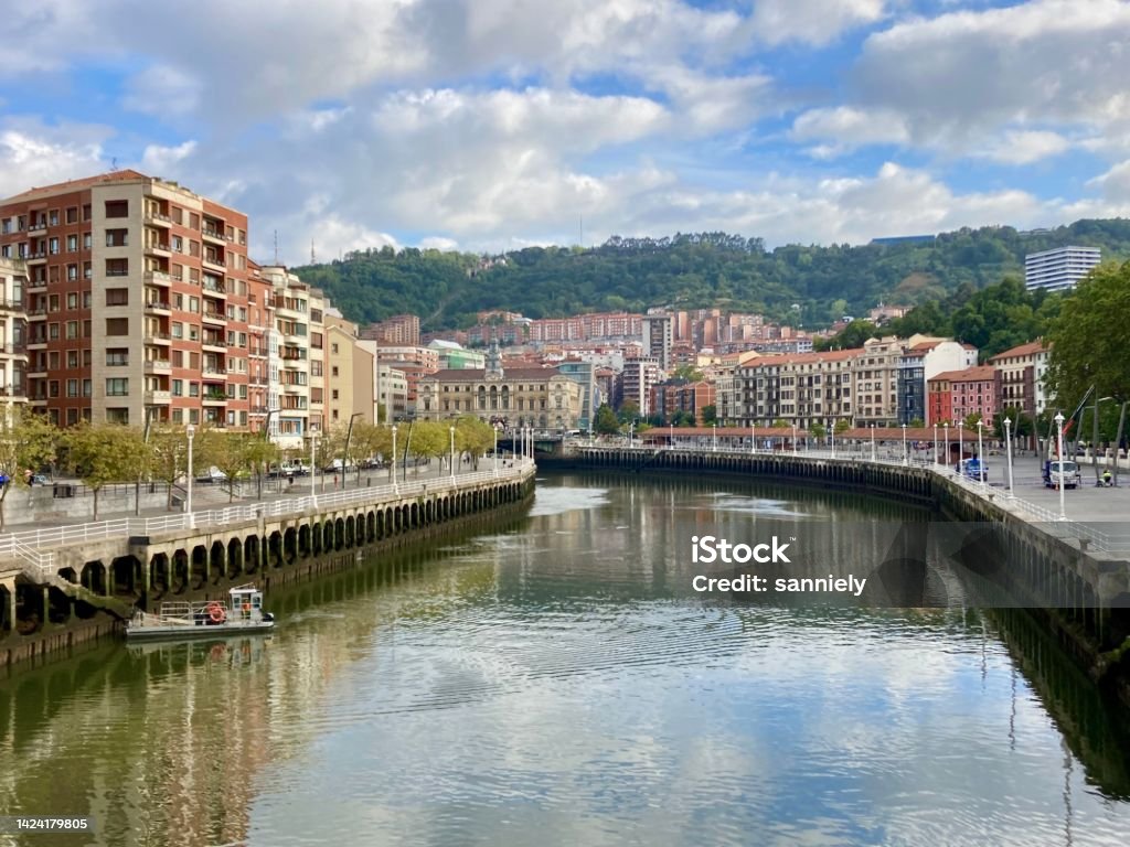 Spain - Bilbao - view of the town from the bridge Areatzako Spain- Bilbao - view of the city from the Areatzako bridge Architecture Stock Photo