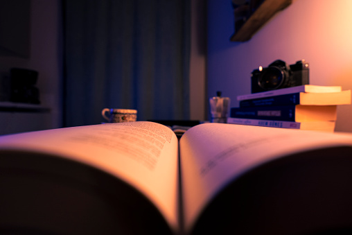 A view from the dimly lit reading corner of a house. A table with coffee, books and an analog camera decor.