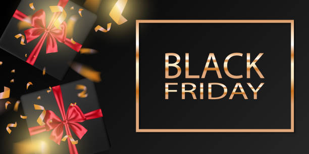 istock Black Friday Sale banner with realistic black gifts boxes. 1424181381