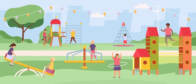 Kids park carousels, swings and game modules with slides. Vector play park and leisure, equipment outside for entertainment illustration