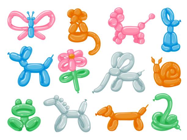 Balloon animals. Cartoon round toy animals, cute party decoration, various snake monkey horse dog colorful balloons. Vector children toy pet sculpture set Balloon animals. Cartoon round toy animals, cute party decoration, various snake monkey horse dog colorful balloons. Vector children toy pet sculpture set. Festive helium objects for entertainment pet snake stock illustrations