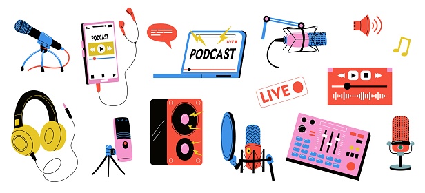 Podcast recording collection. Microphone laptop camera headphone keyboard equipment for broadcasting, blogging, vlog stream in cartoon style. Vector illustration. Device for voice recording