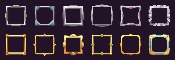 Game ui square frame. Empty border game asset items, cartoon stylized sprite graphic elements, GUI icons for mobile app user interface. Vector set vector art illustration