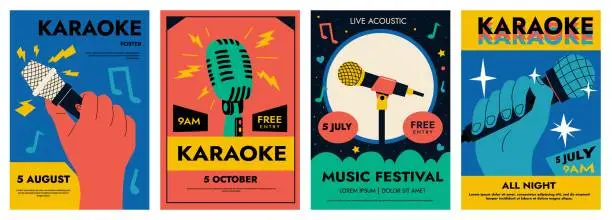 Vector illustration of Microphone posters. Cartoon advertising wallpaper for standup open mic comedy, karaoke club, flyer banner design for broadcast music concert promotion. Vector illustration