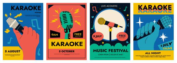 microphone posters. cartoon advertising wallpaper for standup open mic comedy, karaoke club, flyer banner design for broadcast music concert promotion. vector illustration - 音樂節 幅插畫檔、美工圖案、卡通及圖標