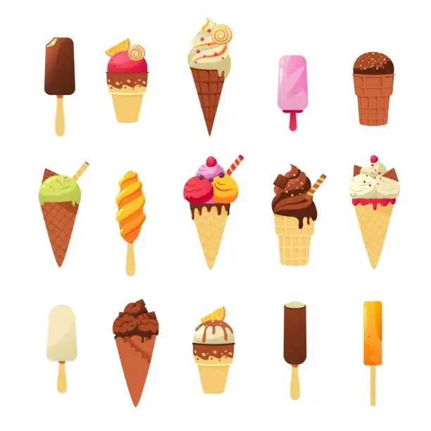 Vector illustration of Colorful ice cream dessert. Cartoon sweet cold summer dessert of various shapes and colors in waffle cups and on wooden sticks covered with topping and fruits. Vector set. Delicious snack