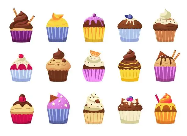 Vector illustration of Cartoon muffins. Colorful sweet cupcakes with decoration chocolate cream sprinkles icing toppings, delicious desserts with glaze, pastry food. Vector bakery set decorated with cookies and fruits