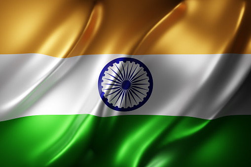 Waving Indian flag against cloudy sky. High resolution 3D render.