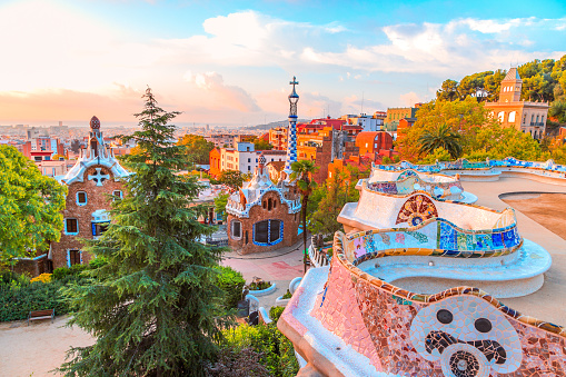 Picture of Park Guell of Barcelona captured during golden hour, designed by the famous architect Antoní Gaudí. UNESCO World Heritage since 1984.
