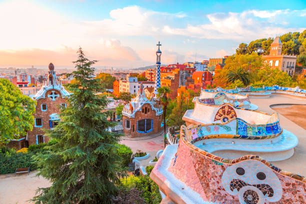 Park Guell at golden hour. Barcelona, Spain. Picture of Park Guell of Barcelona captured during golden hour, designed by the famous architect Antoní Gaudí. UNESCO World Heritage since 1984. barcelona stock pictures, royalty-free photos & images