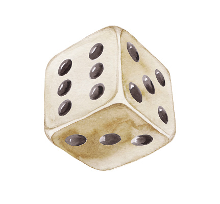 Brown dice with black spots isolated on white background. Watercolor hand drawn illustration. Design for board games, problem of choise, children leisure, progress, business strategy, casino
