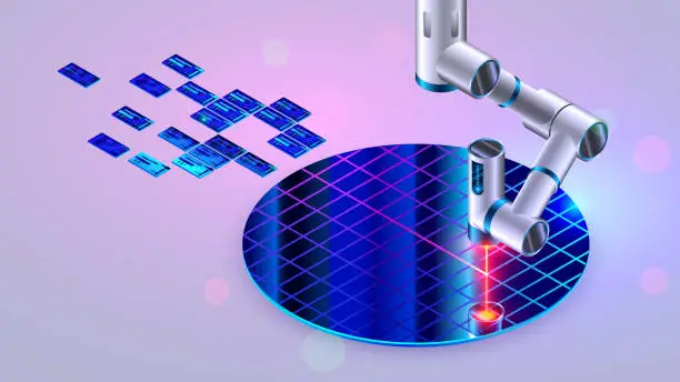 Vector illustration of Semiconductor wafer fot manufacture microchips. Electronic technology equipment. Laser on robotic arm cutting slices chip on silicon wafer on factory. CPU production. Semiconductor crystal disc.