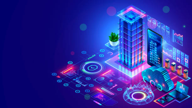 stockillustraties, clipart, cartoons en iconen met development architecture computer systems of smart building. design modern building construction with ai controls. project smart house construction with artificial intelligence and iot systems. - internet der dingen