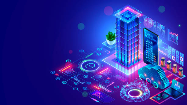 Development architecture computer systems of smart building. Design modern building construction with ai controls. Project smart house construction with artificial intelligence and IOT systems. vector art illustration