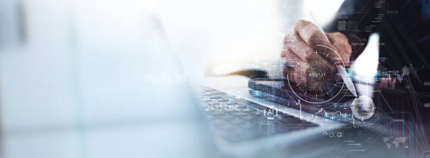 istock Business Intelligence, businessman using laptop computer and tablet with global network connection, data exchange, digital technology, data science and digital marketing 1424196898