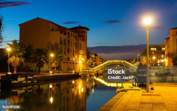 French Town Of Frejus Overlooking Embankment And Marina At Dusk Stock Photo - Download Image Now