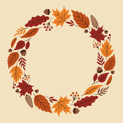 Beautiful autumn wreath of yellowed maple leaves, oak and acorns. Copy space. Place for an inscription. Vector illustration. Greeting card. Thanksgiving Day. Stock illustration