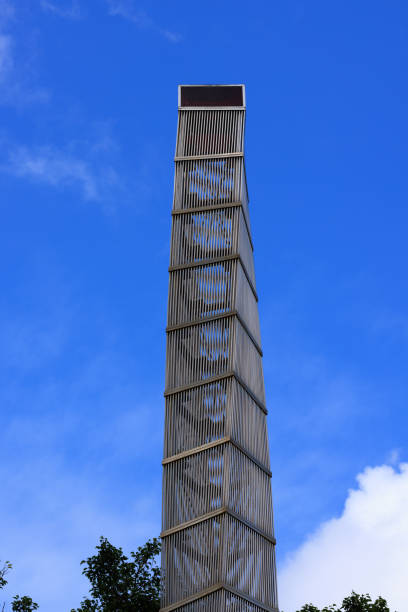 Tall industrial chimney with blue sky.