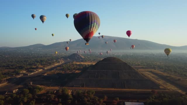 Sunrise on hot air balloon over the Teotihuacan pyramid
