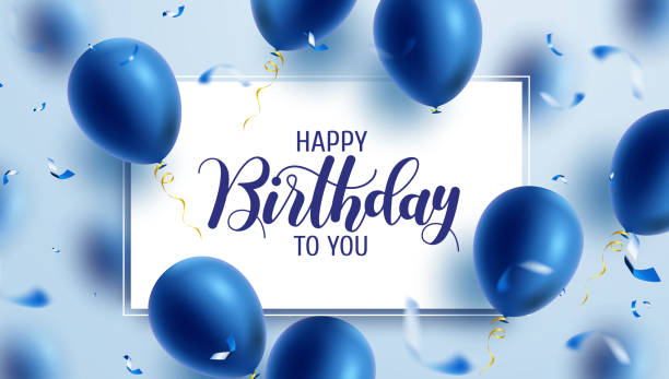 geburtstagsgruß vektor vorlage design. happy birthday text im whiteboard-raum mit fliegenden blauen luftballons und konfetti-element zur feier des geburtstags. - balloon stock-grafiken, -clipart, -cartoons und -symbole