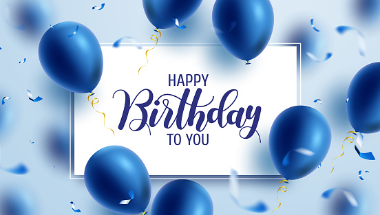Birthday greeting vector template design. Happy birthday text in white board space with flying blue balloons and confetti  element for birth day celebration. Vector illustration.