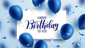 Birthday greeting vector template design. Happy birthday text in white board space with flying blue balloons and confetti  element for birth day celebration.