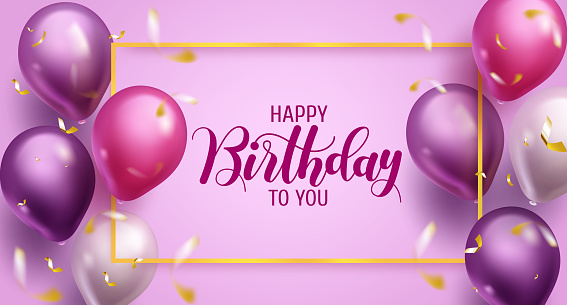 Birthday greeting vector template design. Happy birthday text in purple space with balloons, confetti and frame element for birth day party celebration. Vector illustration.