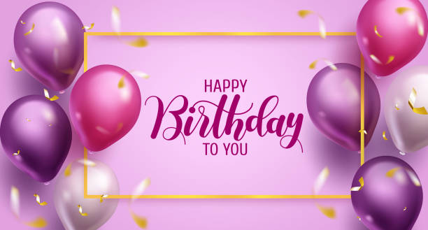 Birthday greeting vector template design. Happy birthday text in purple space with balloons, confetti and frame element for birth day party celebration. Birthday greeting vector template design. Happy birthday text in purple space with balloons, confetti and frame element for birth day party celebration. Vector illustration. birthday stock illustrations