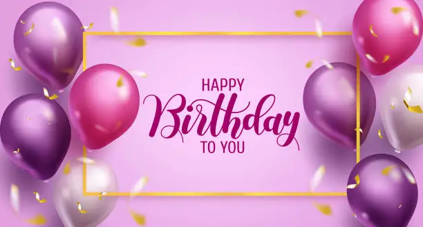 Vector illustration of Birthday greeting vector template design. Happy birthday text in purple space with balloons, confetti and frame element for birth day party celebration.